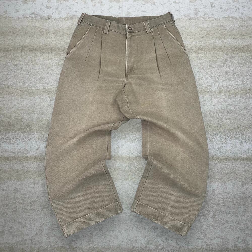 Vintage 90s Dress Pants 34x30 Baggy Wide Leg Fit Tan Canvas Heavy Duty - Picture 2 of 4